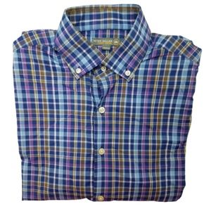 Peter Millar Blue Plaid Button-Down Shirt with Purple and Brown Accents